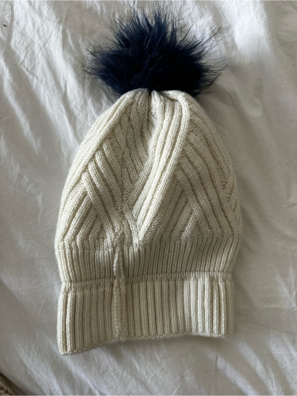 Denver Hayes Cream Knit Beanie with Navy Pom